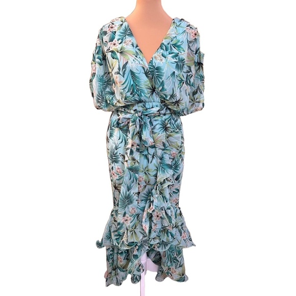 AMTIOUS Floral Print VNeck Short Sleeve Tie Waist Ruffled Maxi Dress Small - Picture 10 of 11